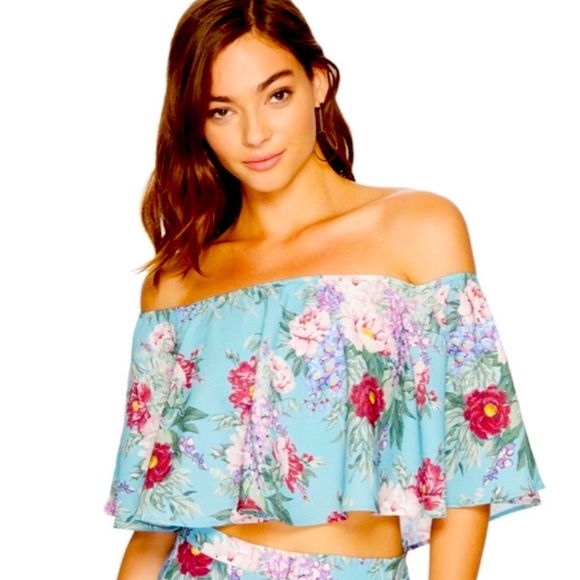 Show Me Your Mumu Heidi ruffle crop top in green with red and pink florals XS - Picture 1 of 13